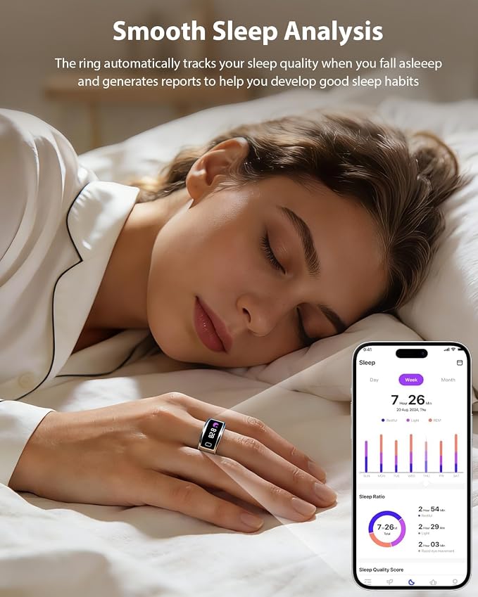 Smart Ring for Women Men, Health Fitness Tracker with Touchscreen Display, Heart Rate/Blood Oxygen/Sleep Monitor, Activity Tracker, 1ATM Waterproof, Compatible with iPhone & Android (Sliver, 8)