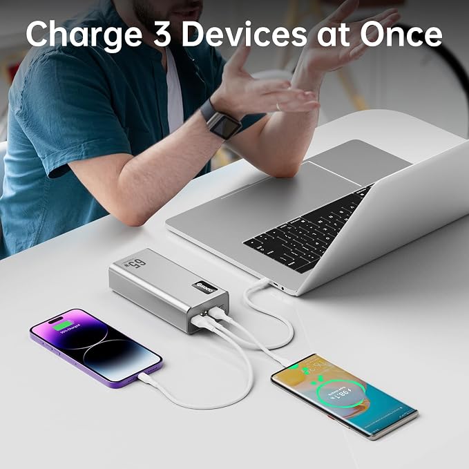 PSOOO Portable Charger 27000mAh 65W PD Fast Charging Power Bank, 3-Port External Battery Pack with LED Flashlight, Compatible with iPhone, Samsung, MacBook, Tablet, Travel & Outdoor Use (Sliver)