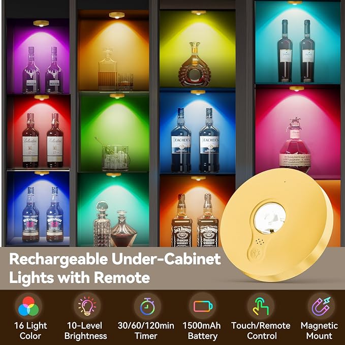 Rechargeable Puck Lights with Remote, 12 Pack Magnetic Under Cabinet Lighting, 1500mAh Battery Operated LED Tap Lights with Dimmer & Timmer for Kitchen, Closet, Shelf - 3 Color Temps & 12 RGB, Gold