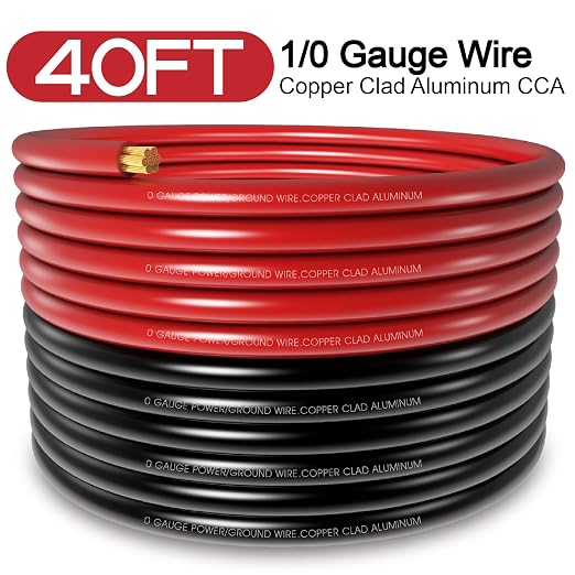 40FT 1/0 Battery Cable Copper Clad Aluminum,0 Gauge Wire with 20pcs Terminal Connectors with 3:1Heat Shrink Tube for Car Amp,Winch Wiring kit,Reducer,Starter,Solar Power,Automotive Wire