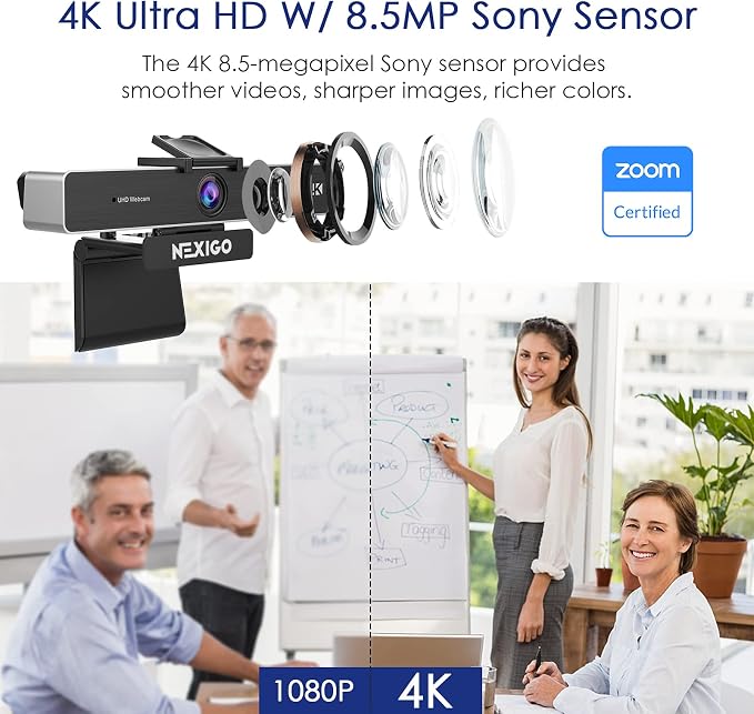 Zoom Certified, NexiGo N950P 4K Zoomable Webcam with Remote Control, Sony_Starvis Sensor, 5X Digital Zoom, Pro Web Camera with Dual Stereo Mics, for Zoom Skype Teams Twitch