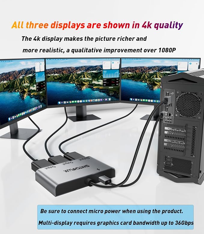 DisplayPort to HDMI Splitter for 3 Monitors Adapter |4K@60Hz| HDMI Splitter Extended Display 1 in 3 Out MST Hub for Multiple Monitor Compatible with PC,NVIDIA/AMD Graphic Card