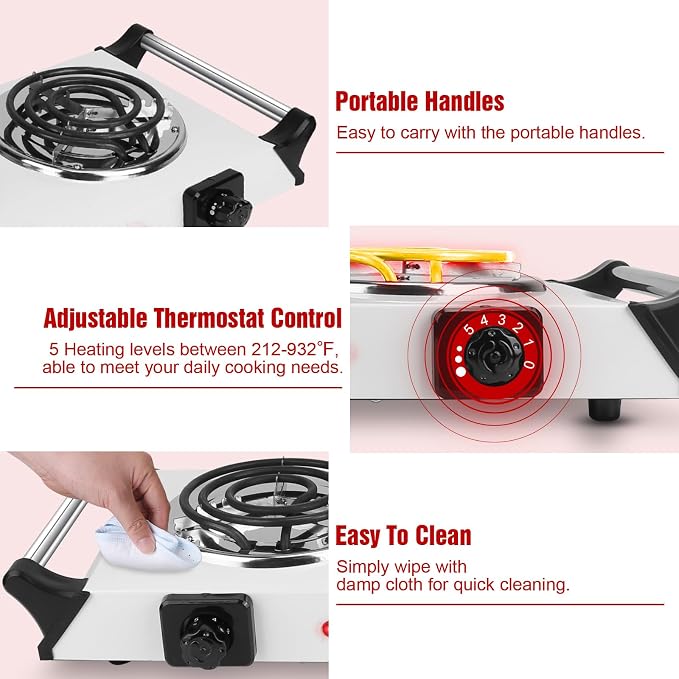 Moclever Hot Plate Electric Stove, 2000W Portable Cooking Stove w/Cooling Handle, 5 Levels of Adjustable Temperature, Countertop Burners Dual Coil Burner for Home RV Camping, Fits All Cookware