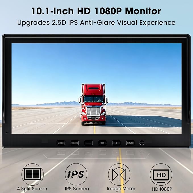4-Camera Wired Backup Camera System for Truck & RV, 10.1" 1080P Quad Split Monitor, DVR Recording, Night Vision, Waterproof Vibration-Proof for Trailer, Tractor & Heavy Equipment