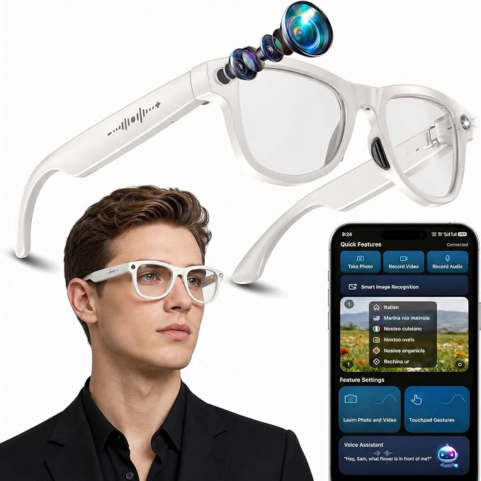 Smart Glasses with Open-Ear Audio & ENC Noise Reduction, 2026 AI Glasses with 8MP Camera, 139 Languages Real-Time Translator, ChatGPT Voice Assistant, UV & Blue Light Blocking for Men Women Daily