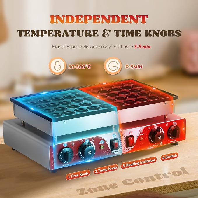 Moongiantgo Mini Pancake Maker Machine 50pcs, Non-Stick Commercial Dutch Pancake Maker Stainless Steel, Electric Muffin Poffertjes Waffle Baker With 2 Thermostats&2 Timers For Restaurant&Home, 110v