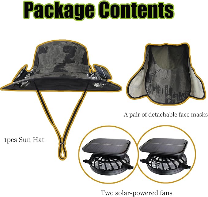 Wide Brim Solar Fan Hat for Men Women, 2026 3-in-1 Detachable Solar Powered Fan Hat, with Removable Neck Cap and Face Mask