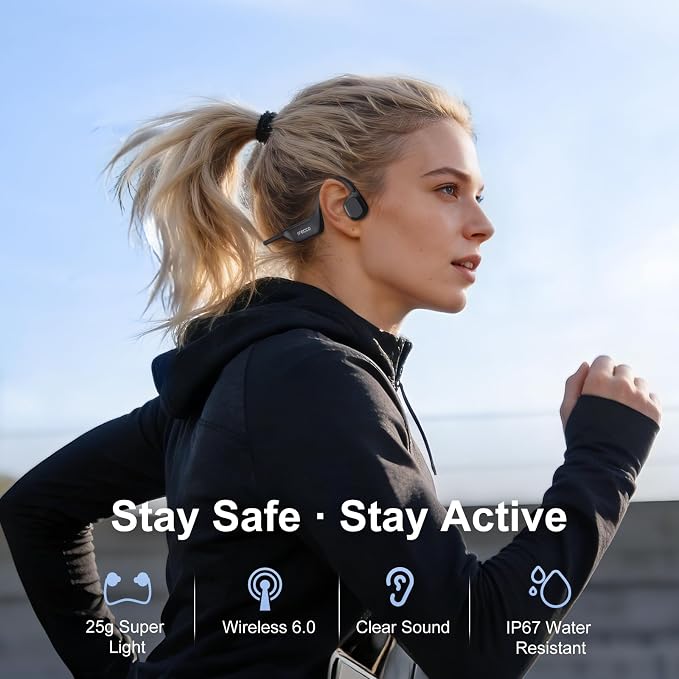 IFECCO Bone Conduction Headphones Bluetooth 6.0 - IP67 Waterproof Bone Conduction Headphones with Mic,Wireless Open Ear Earbuds for Running Gym Walking Cycling (Black)