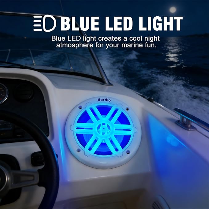 Herdio 5.25" 250W Marine Speakers - IP66 Waterproof Coaxial Audio, with Blue LED Light for Boats, ATVs, UTVs with UV Resistant White Grille (A Pair)
