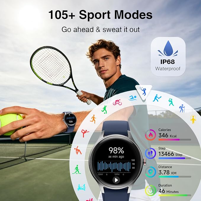 Fitpolo Smart Watch for Men Women Android iPhone, 1.27'' HD Fitness Tracker with Bluetooth Call & Answer, IP68 Waterproof, Heart Rate/SpO2/Sleep Monitor, Built-in AI Voice, 105+ Sports Modes (Blue)