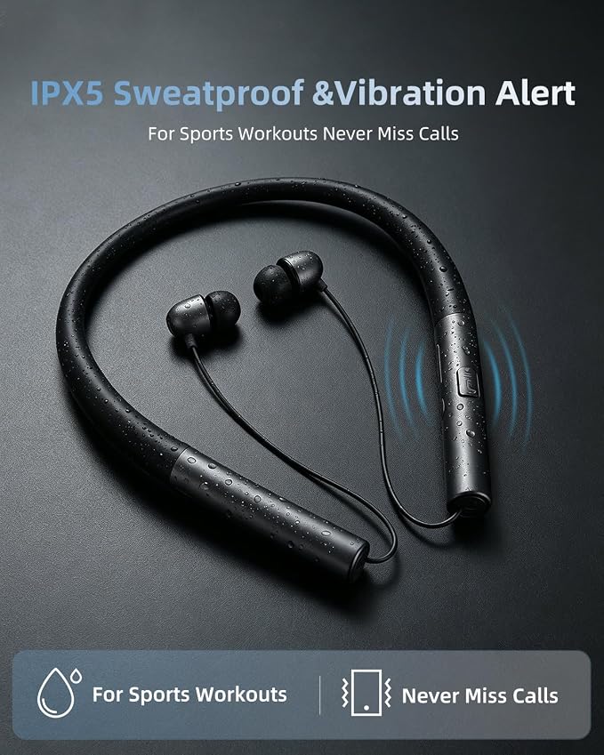 Bluetooth 5.3 Neckband Bluetooth Headphones, Retractable Headphones with IPX5 Sweatproof & Vibration Alert, Stereo Noise Cancelling for Music, Calls, Conference, Videos
