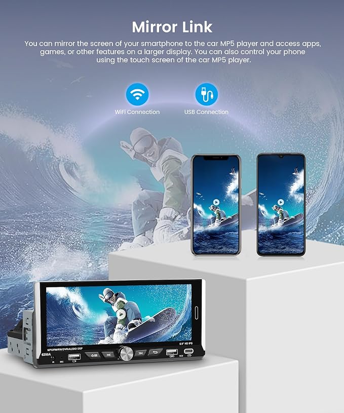 2G+64G Android Single Din Car Radio Stereo, Wireless CarPlay Android Auto, 5G WiFi GPS, 6.9 inch IPS HD Touchscreen Radio, Bluetooth DSP, AHD Backup Camera, FM/RDS SWC, USB Type-C Charging