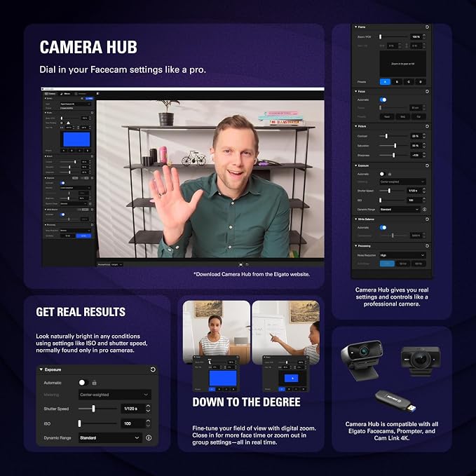 Elgato Facecam 4K - 4K60 Studio Webcam, DSLR-Like Control, Cinematic Effects, 49mm Lens Filters, HDR, Uncompressed Video, Optimized Focus Area | USB-C for PC & Mac | Sony Sensor, 49mm Lens Filter Support, Cinematic Effects, No Compression, Works with O...