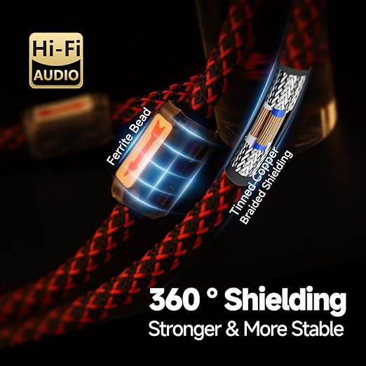 TODN 16.4ft HiFi RCA Stereo Cable Shielded Interconnect for Home Audio | 4-core-OFC, Ferrite Bead, Noise Reduction, 24K Gold-plated Plug, RCA to RCA, L/R Channel, for CD/Turntables/Phono/Amp/Sub