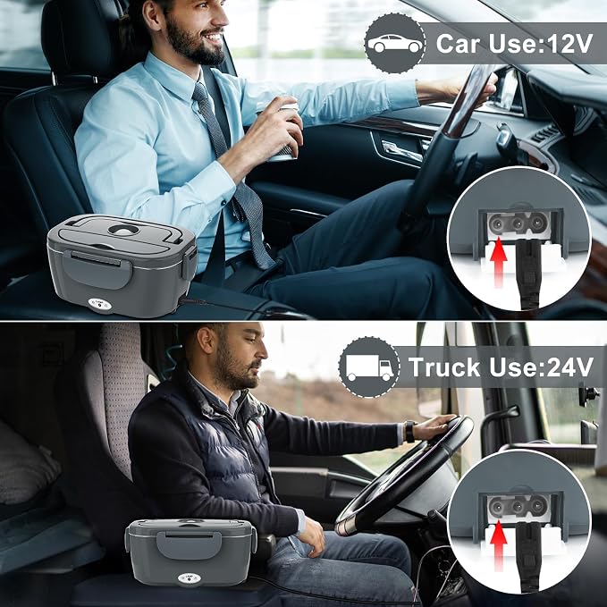 Akhia Electric Lunch Box for Adults, Heated Lunch Box for Men with 2 Stainless Steel Container, 1.5L Portable 80W Food Warmer Lunch Box 110V/12V/24V/240V for Car/Truck/Dad/Husband,Gift for Fathers Day