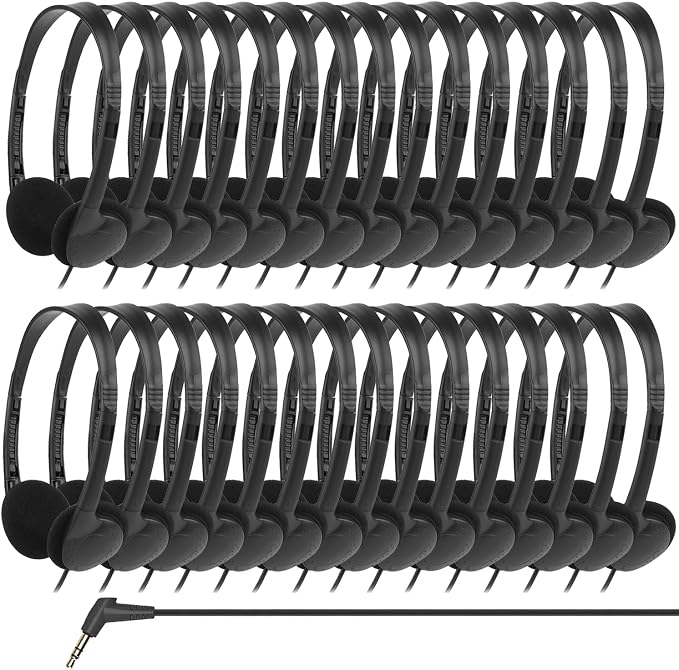 30 Pack Bulk Class Set Headphones for Kids Students Classroom，Adjustable School Earphones On Ear with 3.5mm Jack for Teachers Children Toddler Boys Girls Teens Adult(GS857, Black)