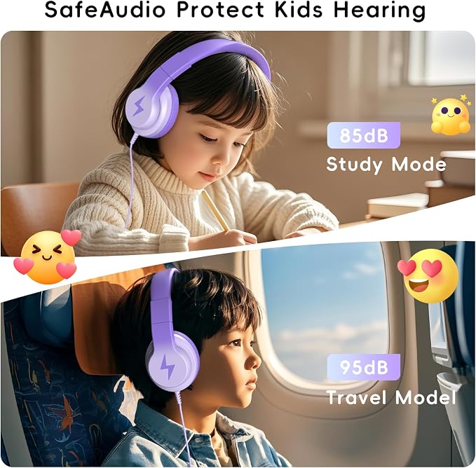 Candy Bila Kids Headphones, Wired Headphones for Kids Over Ear with Microphone, Foldable Headphone for Learning & Entertainment, Gradient Deep Purple