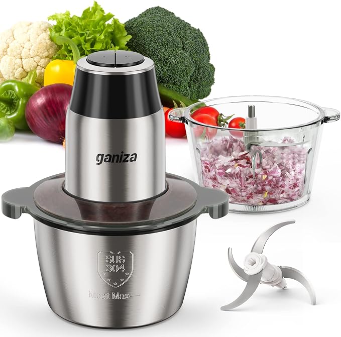 GANIZA Food Processors, Electric Food Chopper with Meat Grinder & Vegetable Chopper - 2 Bowls (8 Cup+8 Cup) with Powerful 450W Copper Motor - Includes 2 Sets of Bi-Level Blades (Silver)