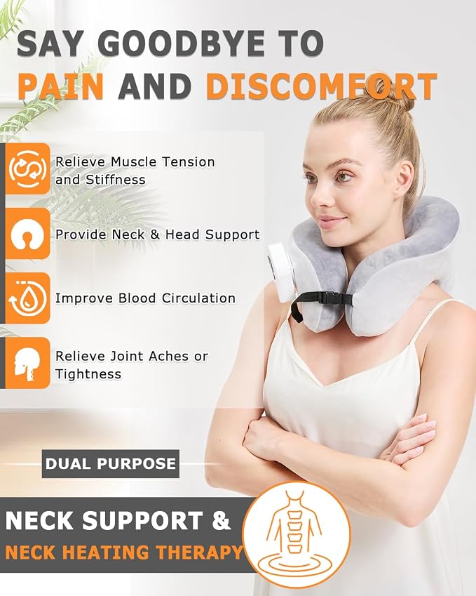 Rechargeable Heated Neck Pillow with Massage, 5000mAh Cordless Neck Heating Pad for Neck Pain, 3-Level Vibration Massage, 104-140℉ Adjustable Temp, 30/45/60Mins Timer, Type-C Cable & Storage Bag