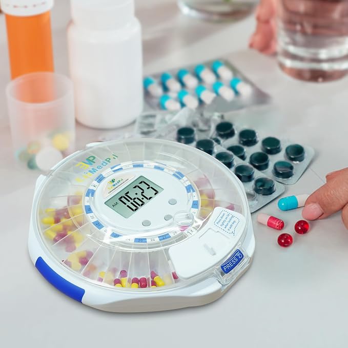 EziMedPil Bluetooth Automatic Pill Dispenser with App Setup for Caregivers | App Adherence History Tracking for Seniors, Locked 28-Day Organizer with Sound-Light Reminders, 9 Daily Alarms & LCD Display