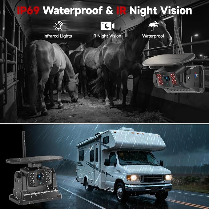 Dual Wireless Magnetic Backup Camera with 7” 1080P HD 4CH Monitor | Solar 15000mAh Rechargeable Night Vision Rear Camera, DVR Loop Recording Waterproof No Delay for Truck RV Camper Trailer Boat