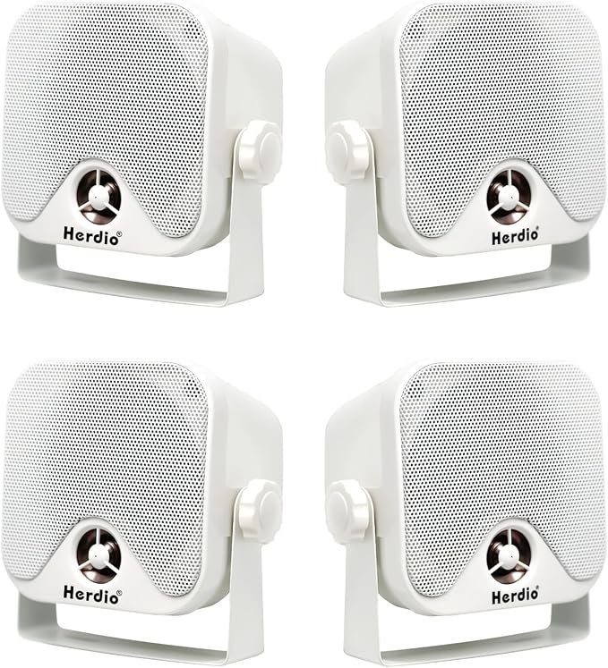 Herdio 4 Inches Heavy Duty Waterproof Boat Marine Box Outdoor Speakers Surface Mounted for Skid Steer ATV UTV RZR RV Golf Cart Tractor Powersports Boat Truck Jeep(4 White Speakers)