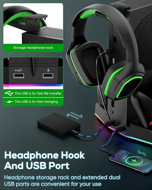 MENEEA Cooling Stand & Charging Station for Xbox Series S with 15 RGB LED Light Modes - Dual Controller Charger & Cooler Fan for Xbox Series S Accessories with 2*1400mAH Batteries and Headphone Hook