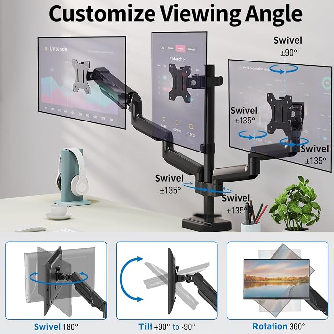 Triple Monitor Desk Mount for Computer Screens up to 32", Holds up to 19.8 lbs Each, 3 Monitor Arm, Heavy Duty Stand Vesa Mount 75x75, 100x100