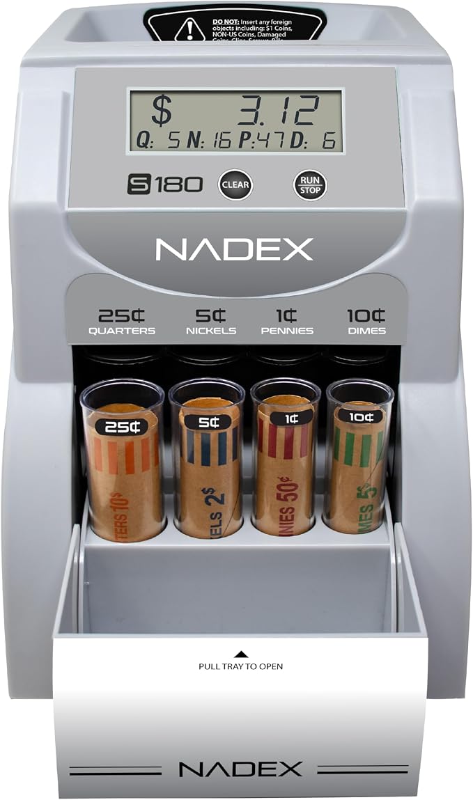 Nadex S180 Digital Coin Sorter and Counter – Displays Total and Denomination Values, Silver