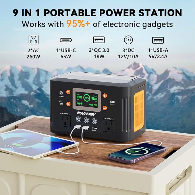 HOWEASY Portable Power Station with Foldable 60W Solar Panel,260W Solar Generator with PD 65W,110V Pure Sine Wave AC Outlet for Outdoor Camping Trip Home Backup Emergency