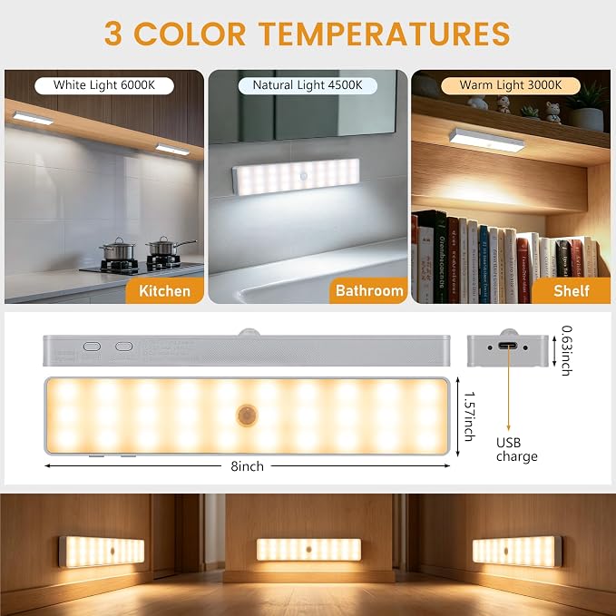Under Cabinet Lights with Charging Station, 3 Pack Rechargeable 3 Color Temperatures Motion Sensor Closet Lighting, Dimmable RV Step Lights Stick-Anywhere LED Night Bar for Kitchen,Wardrobe,Stairs