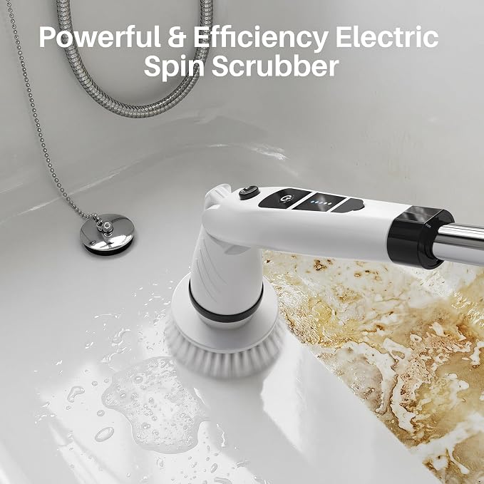 JOYMOOP Electric Spin Scrubber, Cordless Cleaning Brush 450 RPM with 100-Min Runtime, IPX7 Waterproof Power Scrubber with 8 Brush Heads, Adjustable Long Handle for Bathroom, Floor, Tile, Kitchen