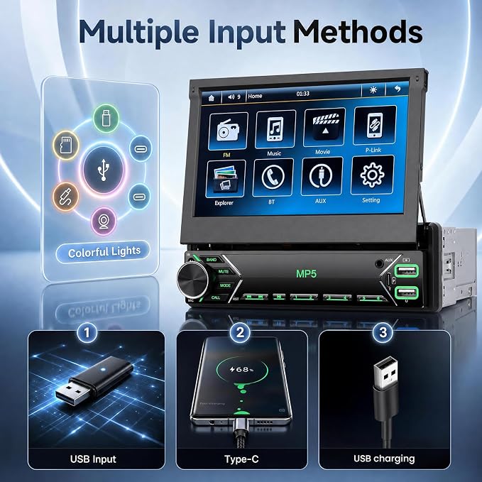 7 Inch Flip Out Touchscreen Car Stereo-Single DIN with Bluetooth 5.0, Mirror Link, Backup Camera & Type-C Fast Charging | Compatible with Most Vehicles