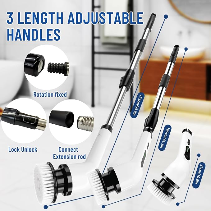 Electric Spin Scrubber, Cordless Cleaning Brush Scrubber with 12 Replaceable Brush Heads, 360 Power Scrubber Dual Speed with Adjustable & Detachable Handle for Bathroom Kitchen Car (White)