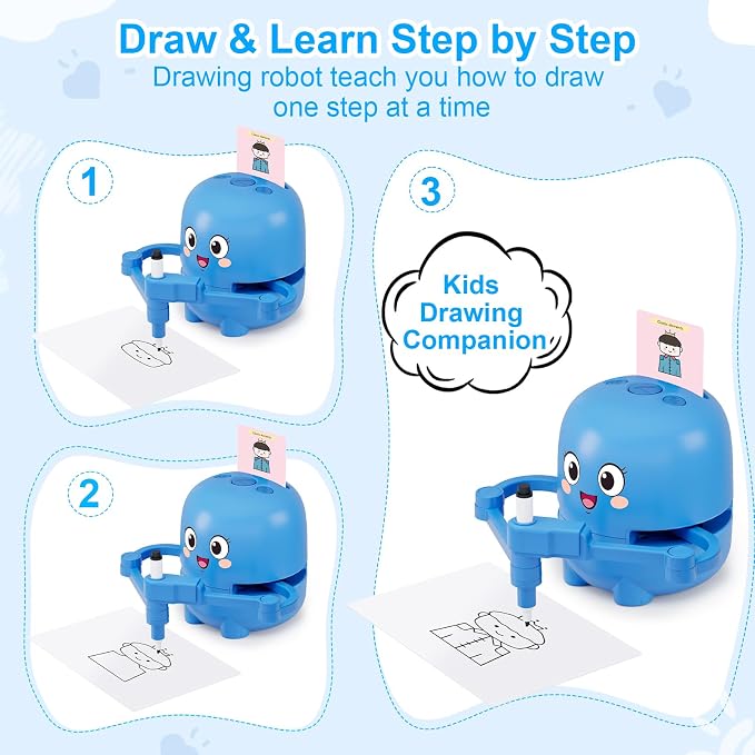 Drawing Robot for Kids Toy, Gifts for 3 4 5 6 7 8 9 Year Old Boys & Girls | Robot Drawing Machine, Electric Music Painting Learning Toys, Birthday Christmas Gifts, 150 PCS Cards, 12 Color Pens, Blue