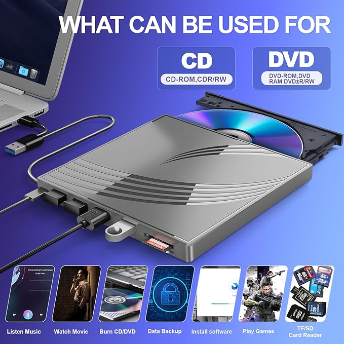BPAKDU External CD/DVD Drive for Laptop, Ultra Slim CD Burner USB 3.0 Hub with 4 USB Ports, 2 TF/SD Card Slots, 1 Type-C Port, Laptop DVD Player with Case(Gray)