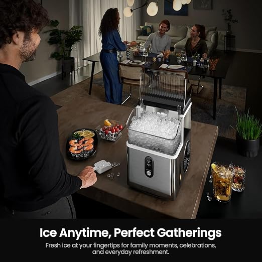 Kismile Nugget Ice Makers Countertop,Portable Ice Machine with Crushed Ice, 35lbs/Day,Self-Cleaning,One-Click Operation for Home Use(Stainless Steel Silver)