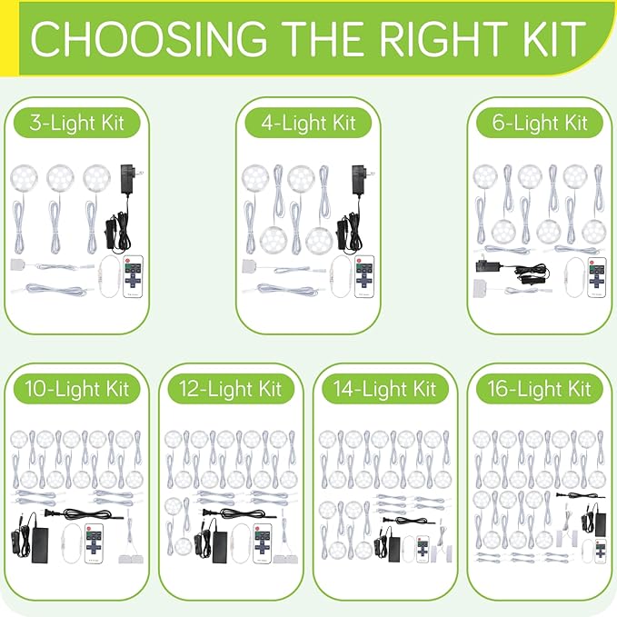 Hardwired Under Cabinet Lighting Kit, LED Under Counter Puck Lights, 120V Electric Wall Plug Adapter, Remote Control Dimmable, 10 Ways Octopus Junction Box, 10 Lights, Cool White