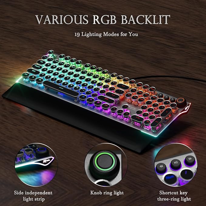 RK ROYAL KLUDGE X108 Typewriter Keyboard with Knob, Wired Mechanical Gaming Keyboard, 108 Keys RGB Backlit Sidelight, Detachable Wrist Rest, Retro Round Keycaps Blue Switches - Shadow Black