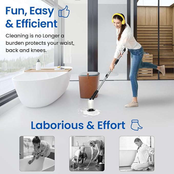 Jorking Electric Spin Scrubber, Cordless Power Scrubber Up to 420RPM Powerful Cleaning, Shower Scrubber for Cleaning Bathtub, Tile and Floor with 8 Types of Replaceable Brush Heads, Voice Broadcast