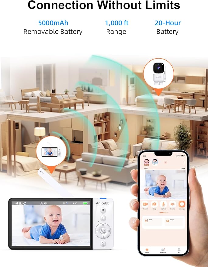 Smart Baby Monitor with App & 5" Screen, Dual Mode (2.4 GHz WiFi Phone Access & Secure No-WiFi), Auto Motion Tracking PTZ Camera, 36H Battery, Night Vision, Cry/Temp Alerts