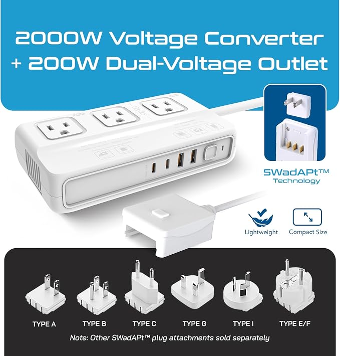 Ceptics 220v to 110v Converter for Travel, 2000W Voltage Converter US to Europe with 3 AC outlets, 4 USB Ports (2X USB-C) and 6 SWadAPt attachments
