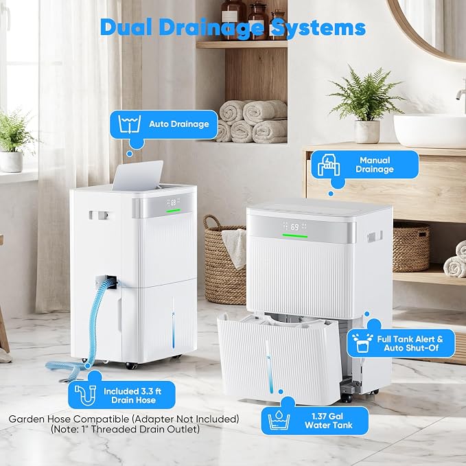 HUMILABS 82 Pints Dehumidifier for Home, 5000 Sq. Ft Dehumidifier for Basement with Drain Hose, Front LED Screen and 1.37 Gal Water Tank, Three Modes, Auto Defrost and 24HR Timer