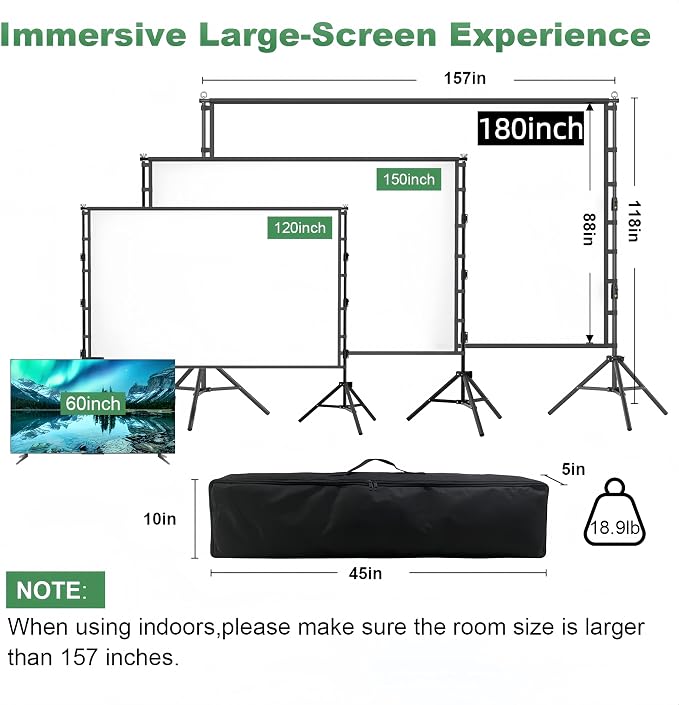 180 inch Projector Screen and Stand, Outdoor Projection Screen 15 FT Large Portable Movie Screen Wrinkle-Free 16:9 Rear Front Foldable Washable with Carry Bag for Backyard Theater Movie Night 180inch
