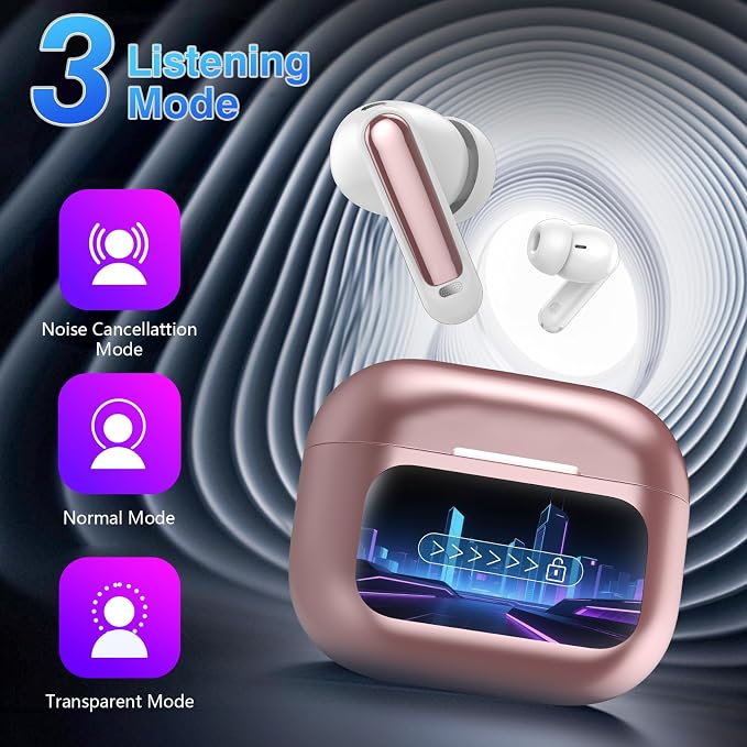 Thunelec Wireless Earbuds with Touch Screen, 2026 New Bluetooth 5.4 Headphones with ANC/ENC Mic, 50H HiFi Stereo Ear Buds with 5 EQ Modes, Transparency Mode, IPX7 Earphones for Running, Rose Glod