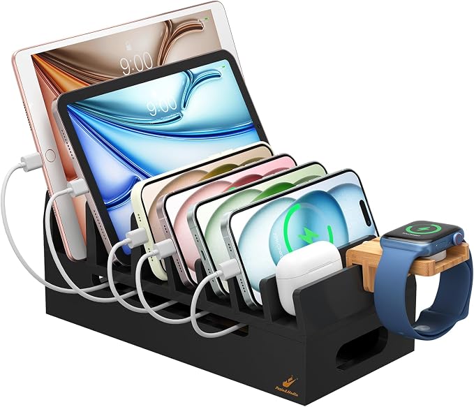 Bamboo Charging Station with Watch Stand, Docking Holder for Multi Device with 5 Charge Cables, Desktop Dock Stations Electronic Organizer for Cellphone, Tablet, Watch(No USB Charger)-Black