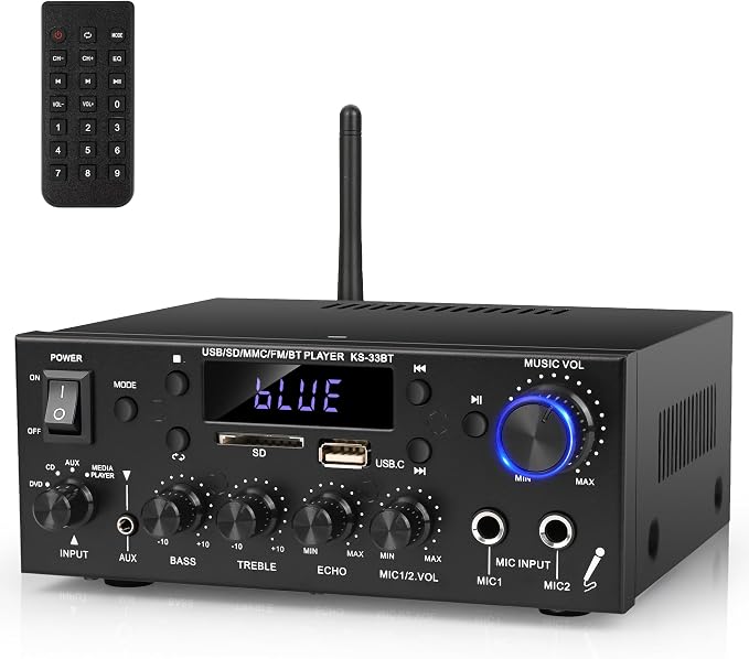 Romicta Stereo Audio Amplifier, 2 Channel 500W Bluetooth 5.0 Home Audio Stereo Receiver with FM, Echo, AUX, USB, SD, MIC Inputs, Power Amplifier for Passive Speakers and Active subwoofer