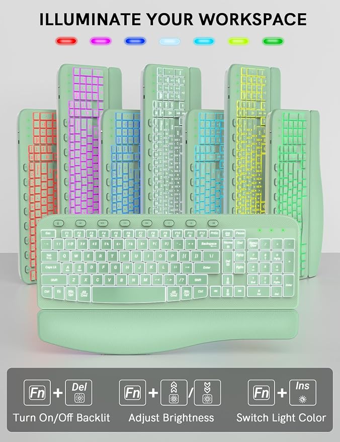 SABLUTE Ergonomic Wireless Keyboard and Mouse Combo - Wave Keyboard with Soft Leather Wrist Rest, Resistant Keys, RGB Backlit Rechargeable Set for PC/Mac/Chromebook (Green)