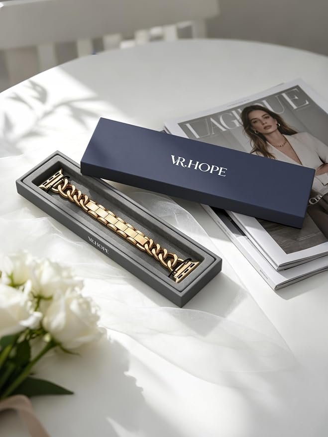 V.R.HOPE Gold Apple Watch Bands for Women, Designer Cowgirl Chain Bracelet Strap Compatible with Apple Watch 46mm/49mm/45mm/44mm/42mm, Dressy Stainless Steel Metal Band for iWatch Series11 10 9 8 7 6 5 4 SE3 Ultra3(Gold)