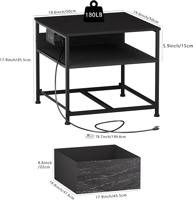 Unionly180 lb Mini Fridge Table with Drawer Fridge Shelf, Mini Fridge Cabinet with Storage,Heavy Duty Fridge Stand with Charging Station, 4 Adjustable Feet for Home Kitchen (Black)